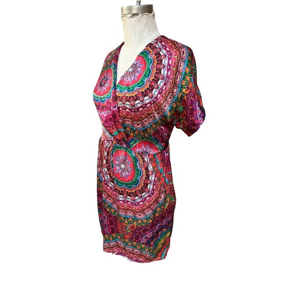 Retro 60s Caftan Tunic Dress 100% Silk Psychedelic Mandala Print Mini - Picture 3 of 10